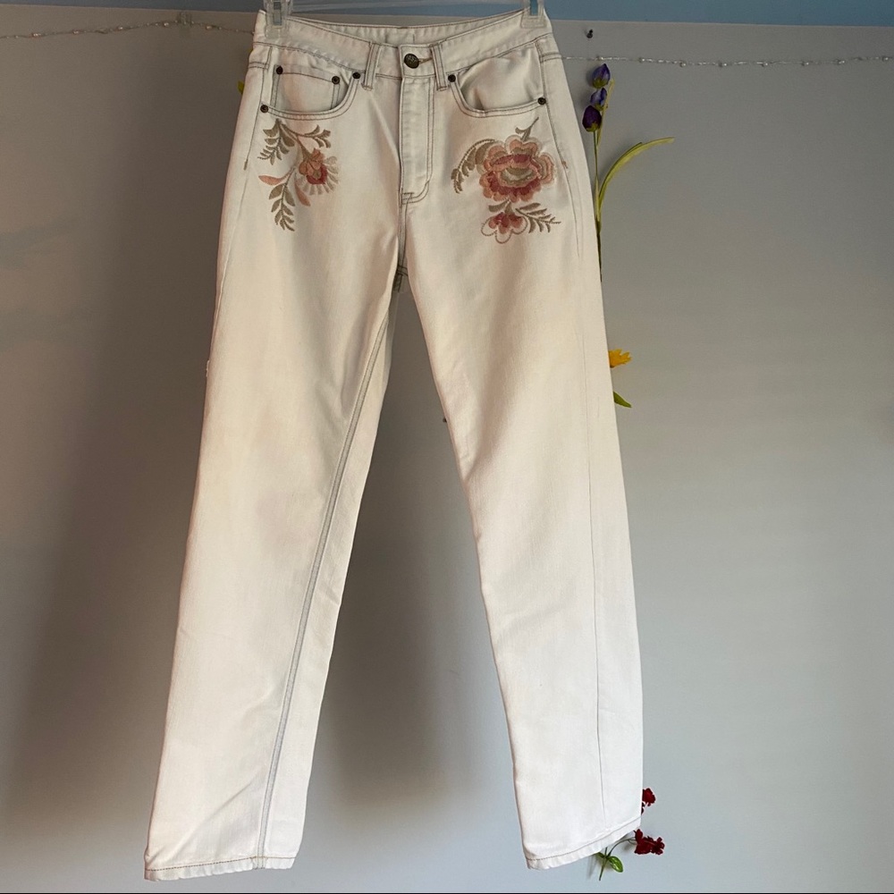 Light Denim Pants with Floral Detail
